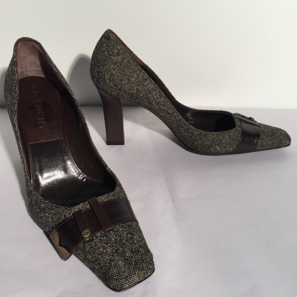 New GIVENCHY Tweed & Leather Heels Pumps NWOB Square Toe